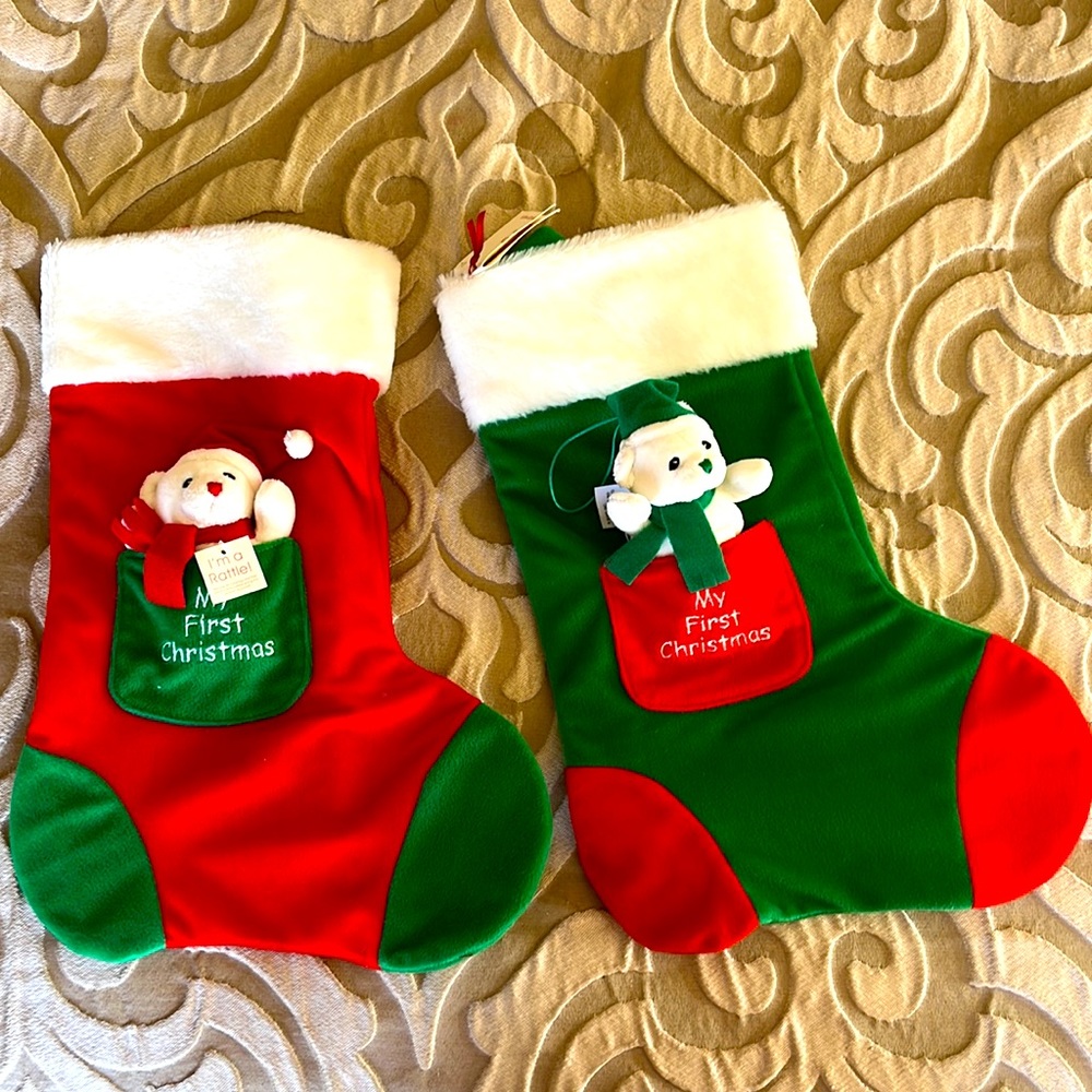 My First Christmas Stocking -Red with Green and little bear rattle with red hat